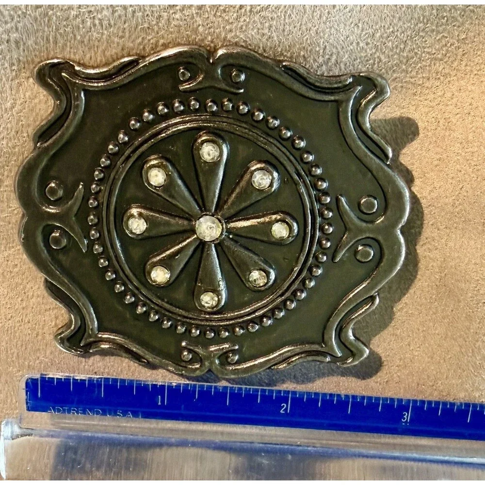 Medallion style Brass Belt Buckle with rhinestones Unisex Vintage